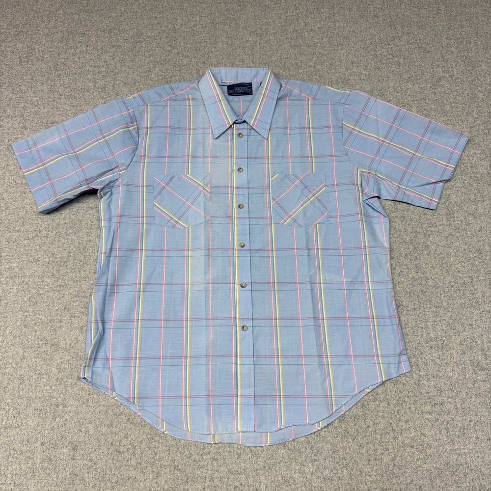 Mervyns Mens Collection Shirt XL Blue Plaid Short Sleeve Button Up Pockets 1831